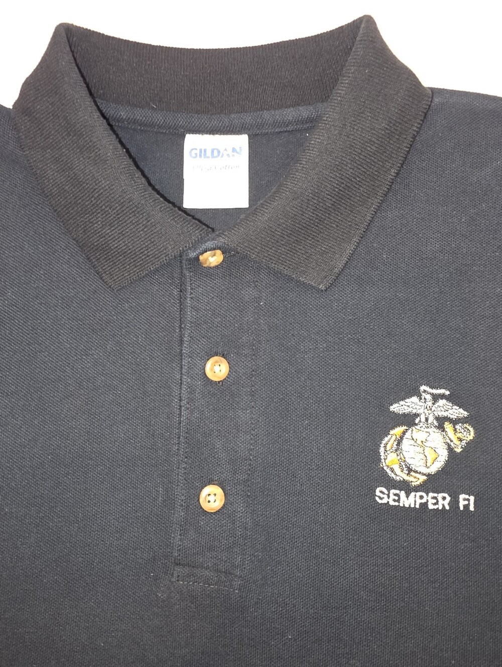 Gildan Dark Blue Polo with Gold & White Semper Fi Embroidery